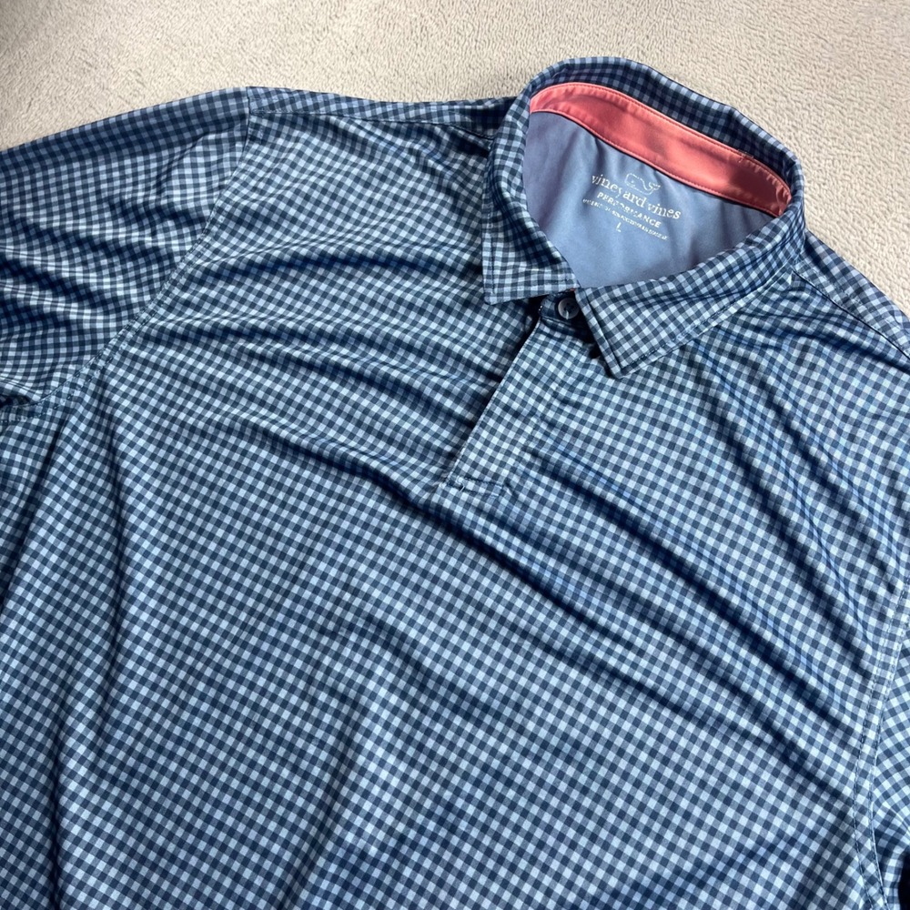 Vineyard Vines Performance Polo Shirt Mens Large Blue Gingham Check Stretch Golf